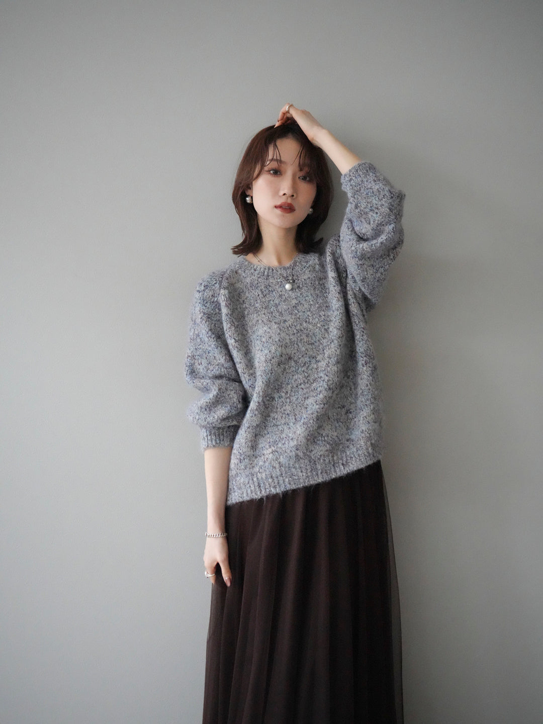 [SET]ロゴラベルミックスヤーンニットプルオーバー+チュールボリュームスカート(2set)