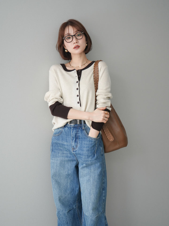 [SET]ヘンリーネック配色ニットソー+ベルト付3Dカーブワイドデニムパンツ(2set)