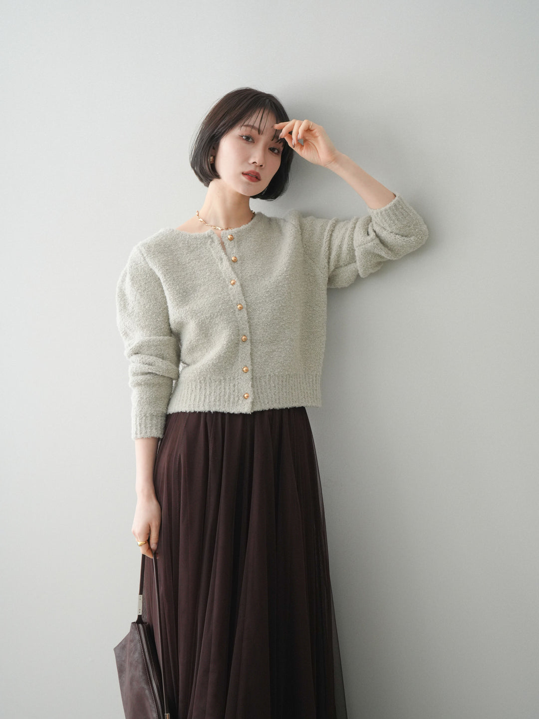 [SET]ゴールドボタンブークレニットカーディガン+チュールボリュームスカート(2set)