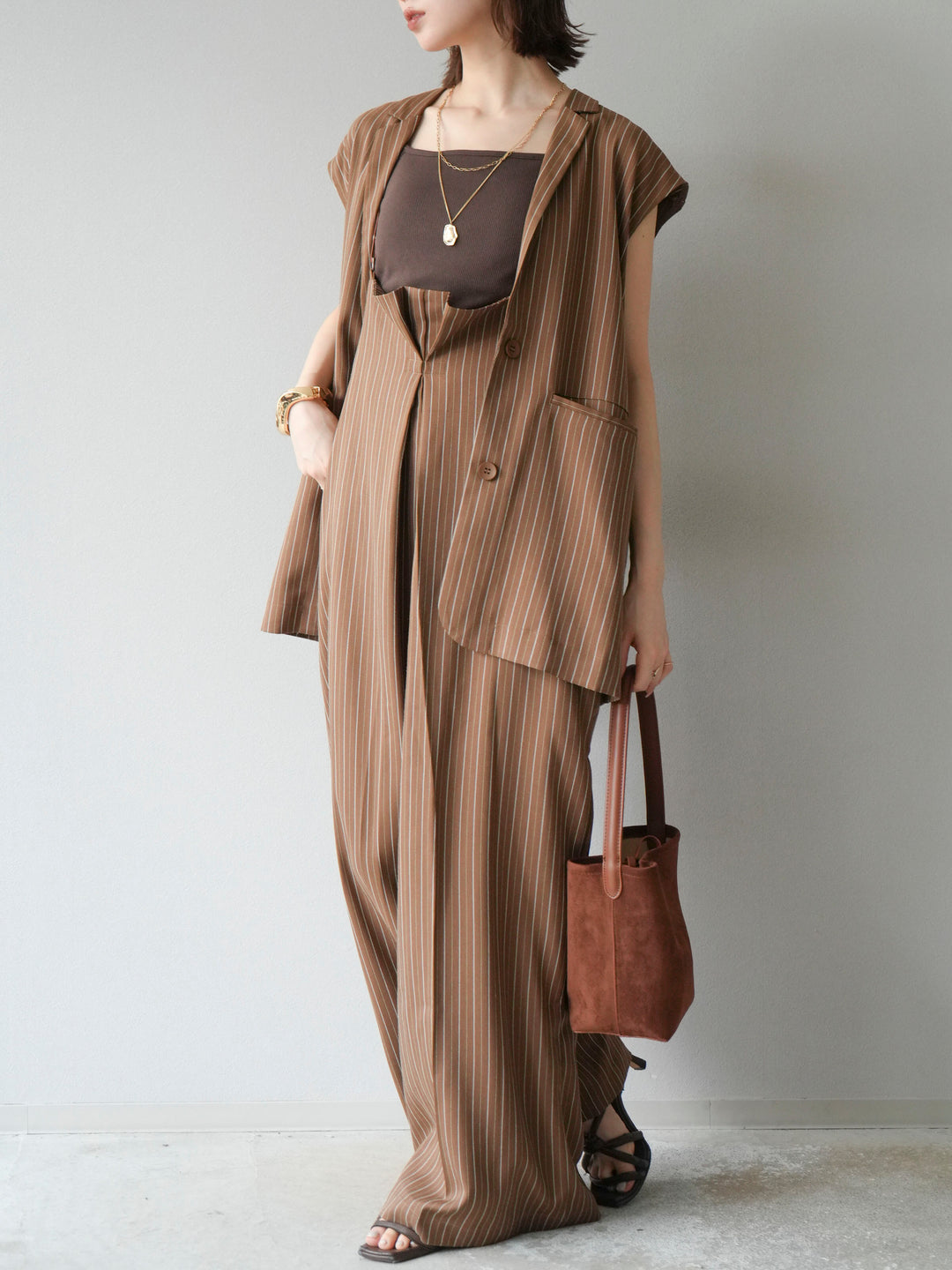 【着回しセット】[SET]ヘリンボーンストライプジレ+シアー切替ベロアトップス+ヘリンボーンストライプサロペット(3set)