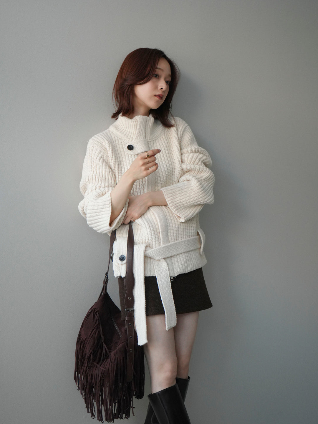 [予約]畦編みボトルネックZIPニットカーディガン/white