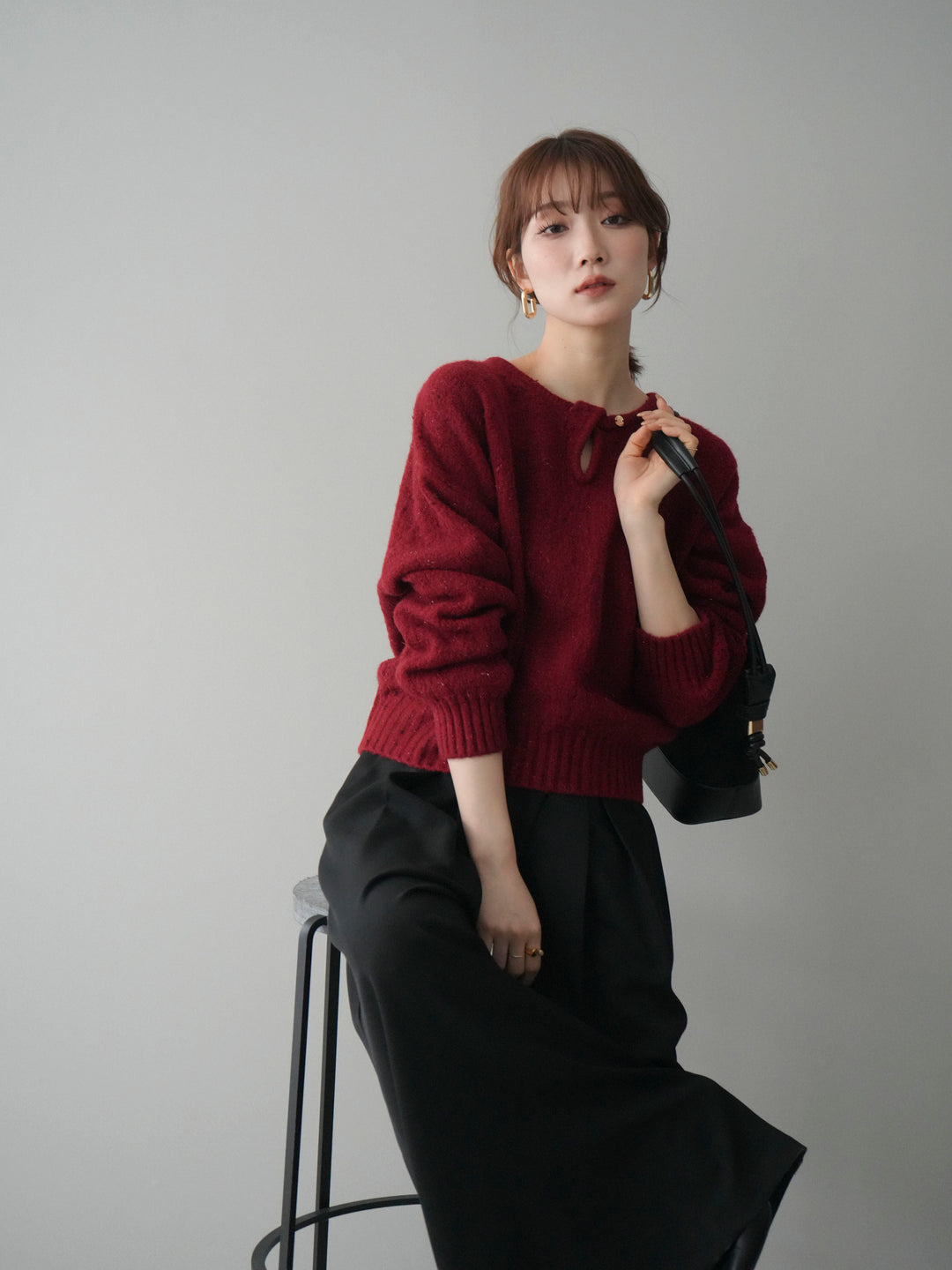 [予約]ツイストネックラメネップヤーンニットプルオーバー/red