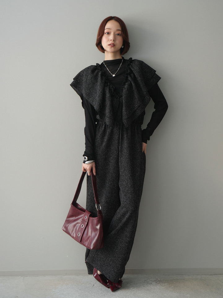 [SET]3WAYミックスツイードギャザーオールインワン+シアープチネックストレッチトップス(2set)