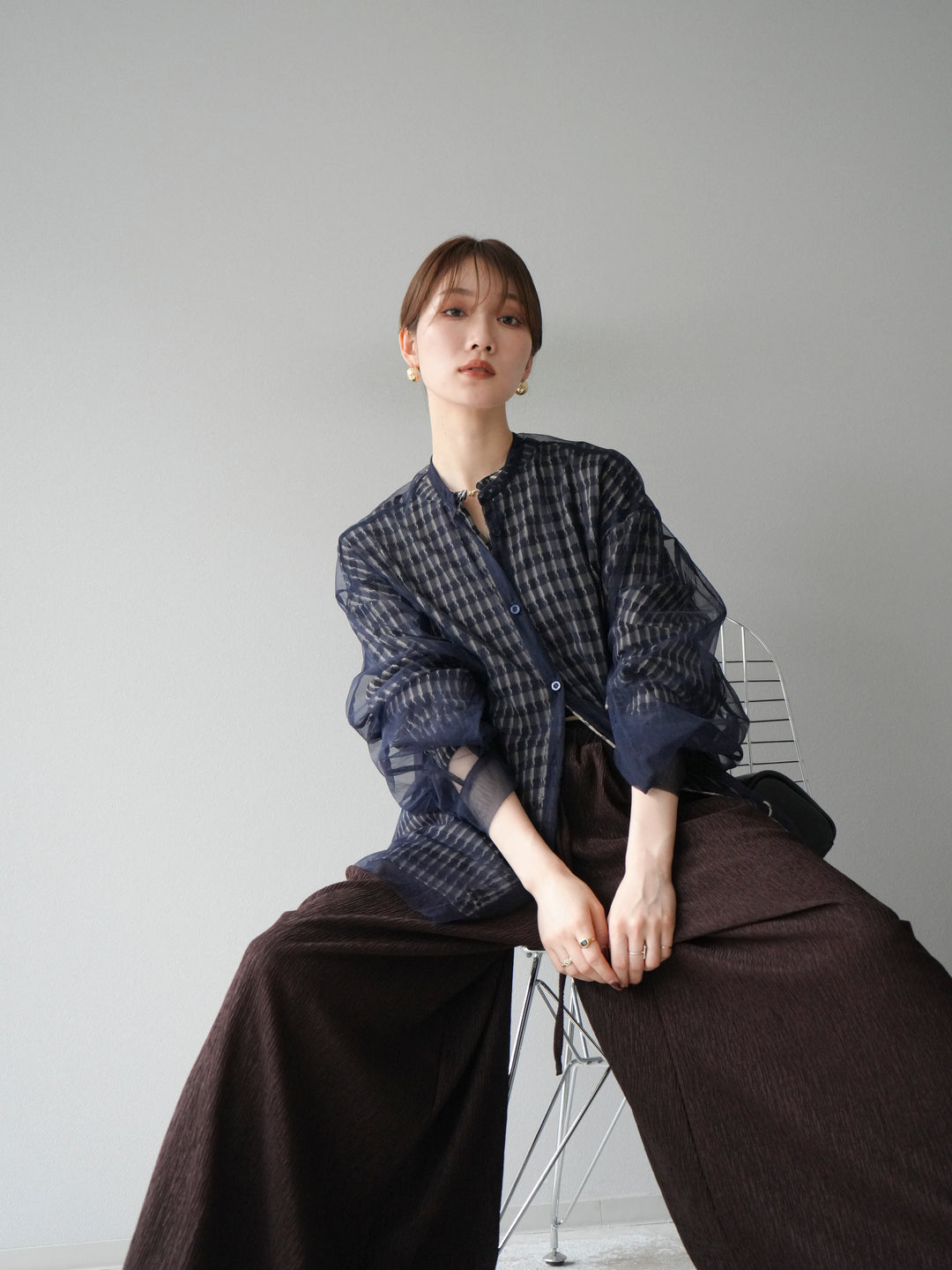 [予約]2WAYスリーブチュールシャツ/ネイビー