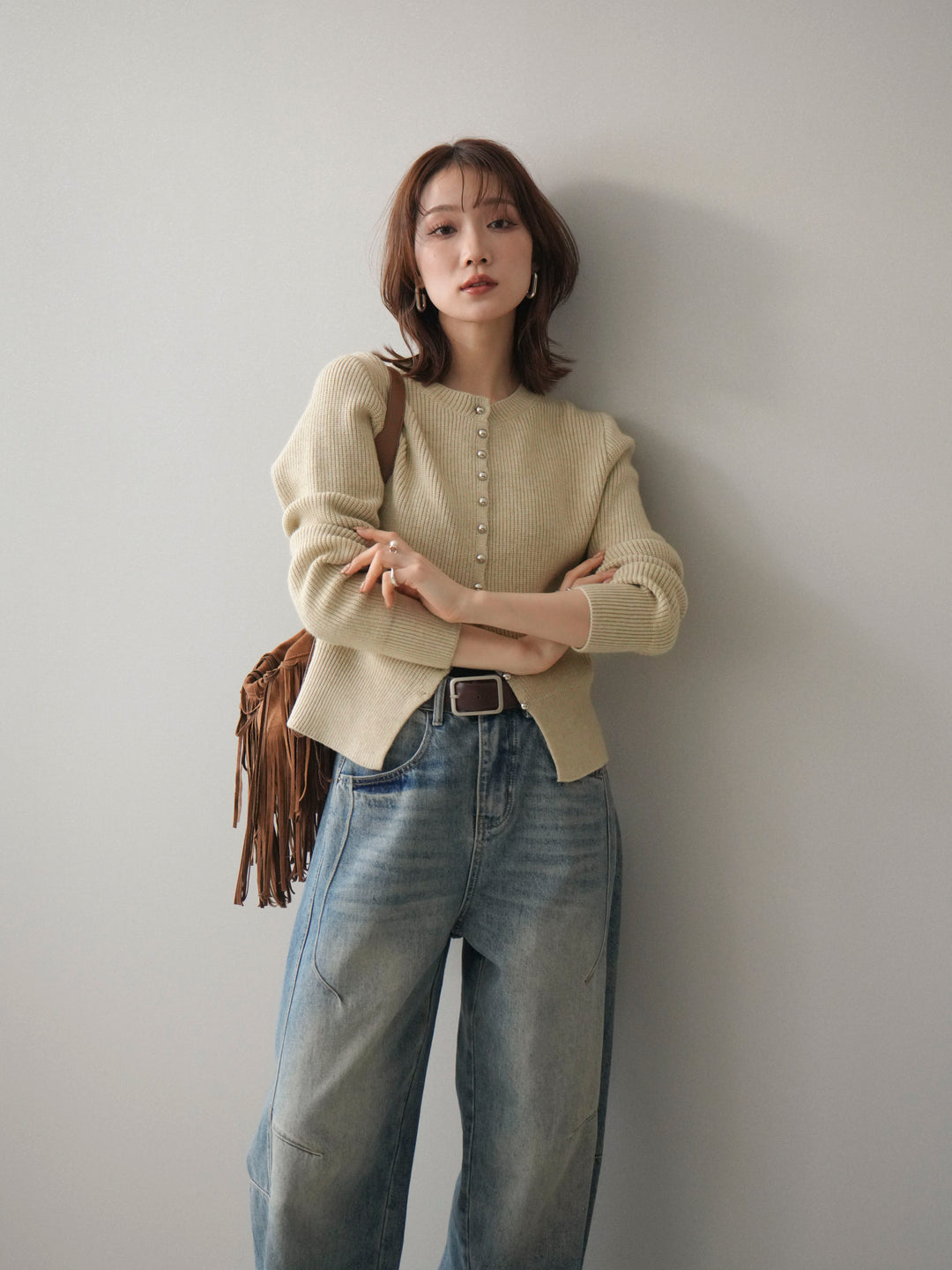 [予約]シルバーボタン畦編みニットカーディガン/ivory