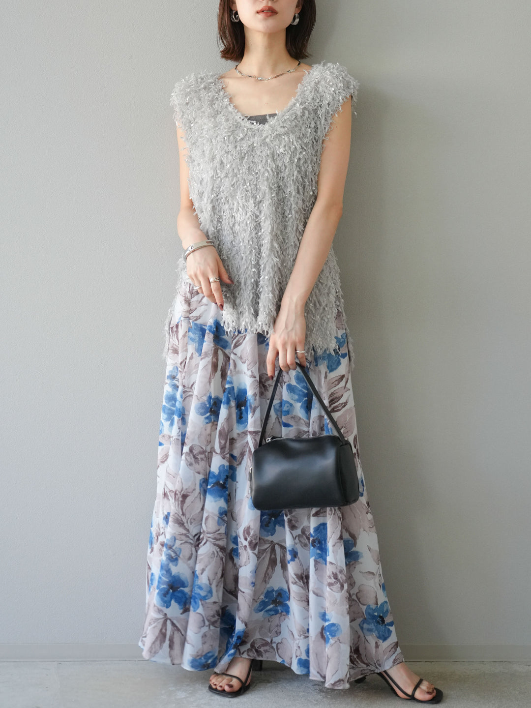 [予約]フラワープリントボリュームフレアスカート/ブルー