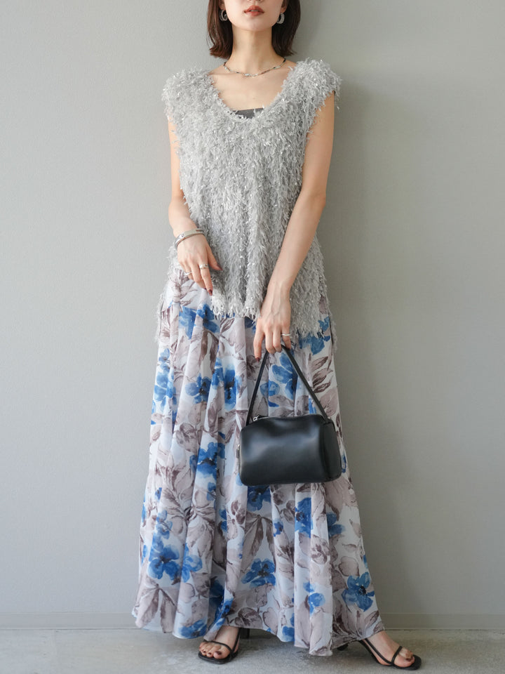 [予約]フラワープリントボリュームフレアスカート/ブルー