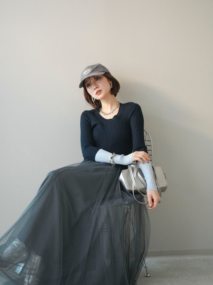 [予約]袖配色ランダムリブフロントスリットニットトップス/navy