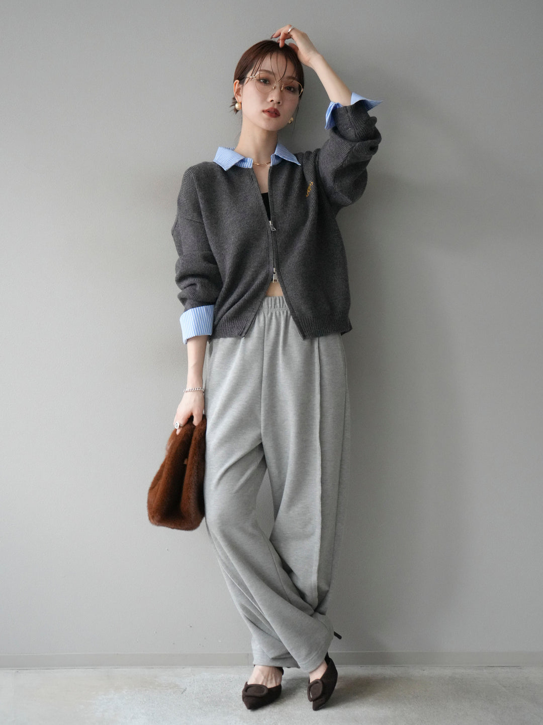 [SET]ストライプシャツレイヤードZIPニットカーディガン+2WAYデザインスウェットパンツ(2set)