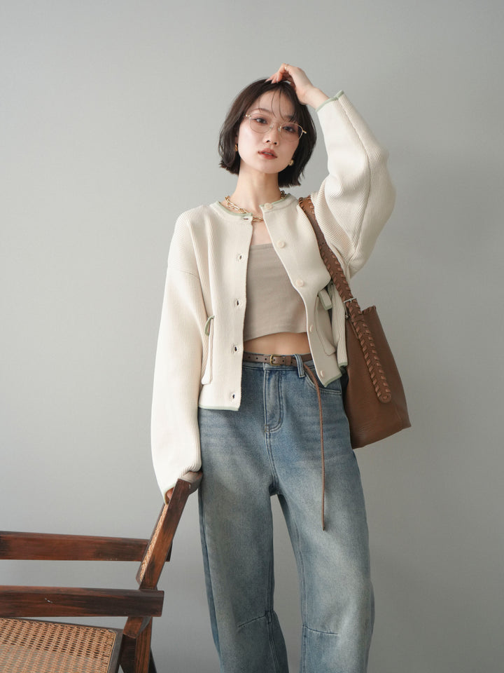 [SET]ポリエステル配色ニットカーディガン+裏起毛カットオフカーブデニムパンツ(2set)