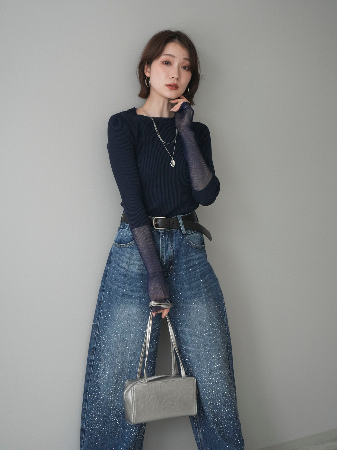 [予約]リブラメシアー切替リブニットトップス/navy