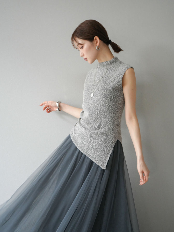 [SET]ブークレアシメニットノースリーブトップス+チュールボリュームスカート(2set)