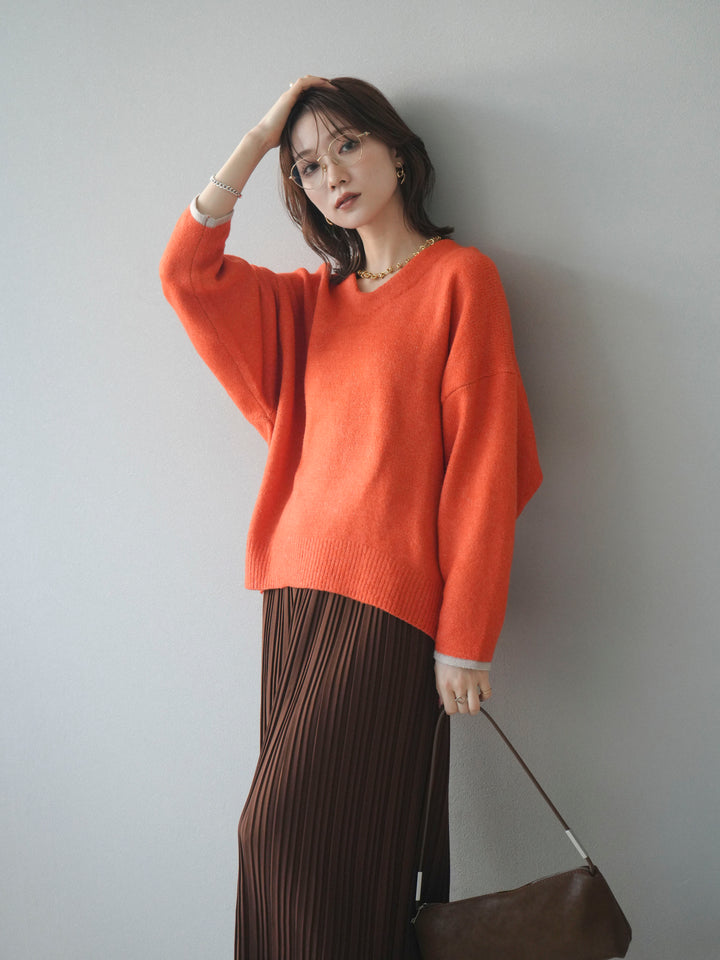 【預購】V領拼色袖針織套頭衫/橘色