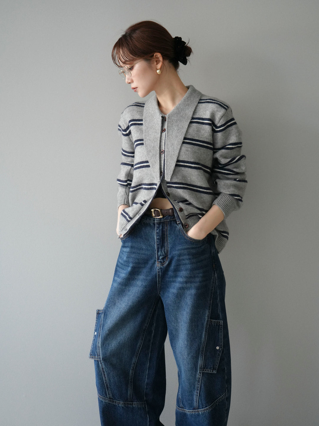 [予約]ボウタイボーダーニットカーディガン/gray