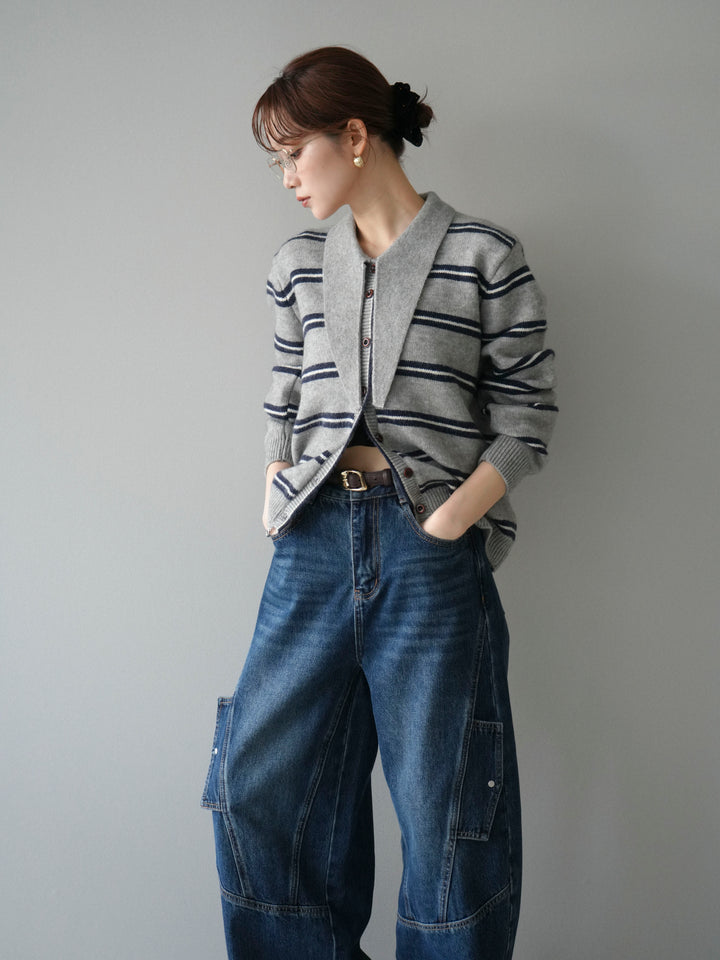 [予約]ボウタイボーダーニットカーディガン/gray