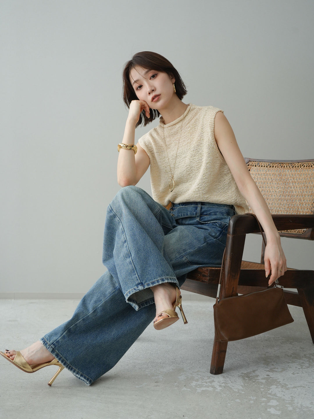 [予約]ノースリーブリネンタッチシアーニットプルオーバー/beige