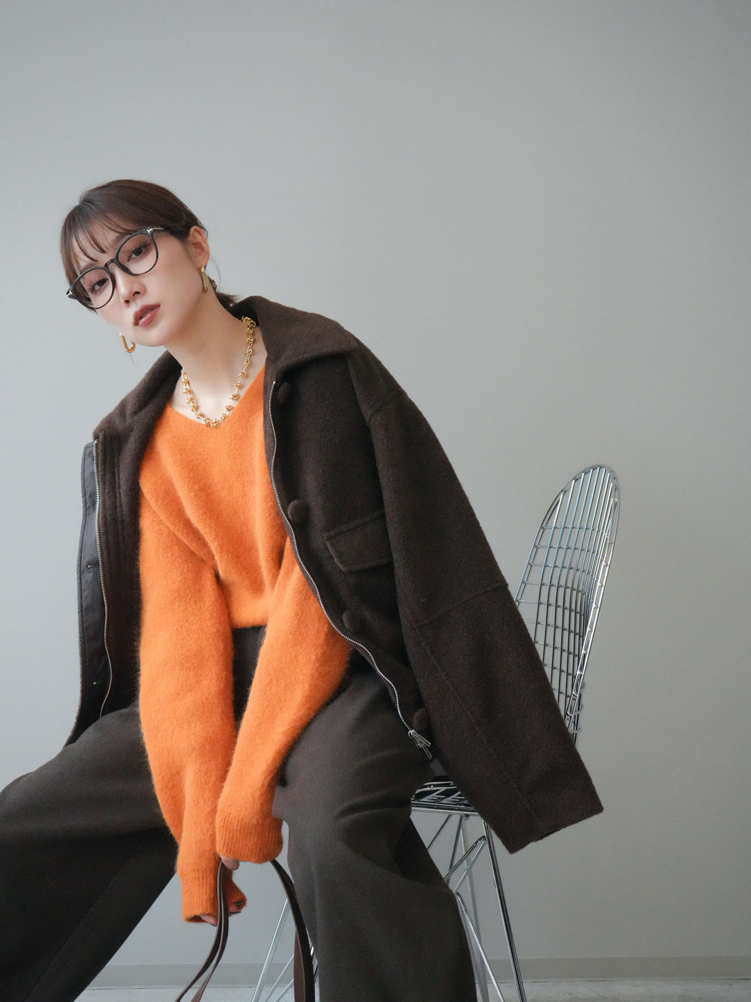 [SET]ウールライクフライトジャケット+シュシュ付きアンゴラタッチVネックニットプルオーバー(2set)