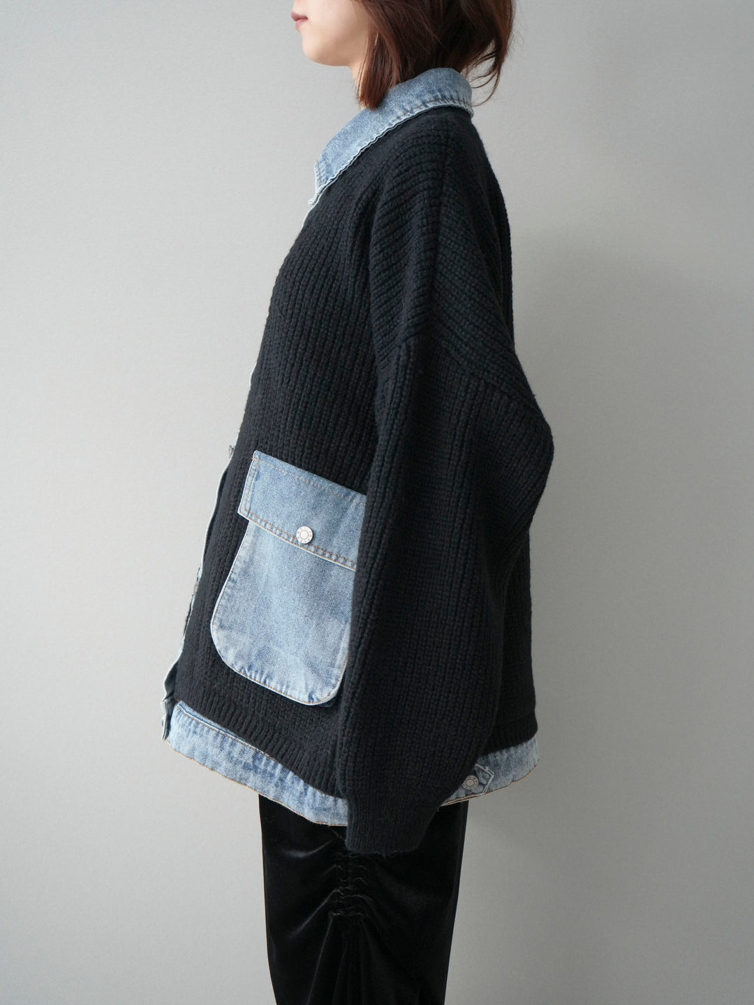 [予約]デニムドッキングオーバーニットジャケット/black