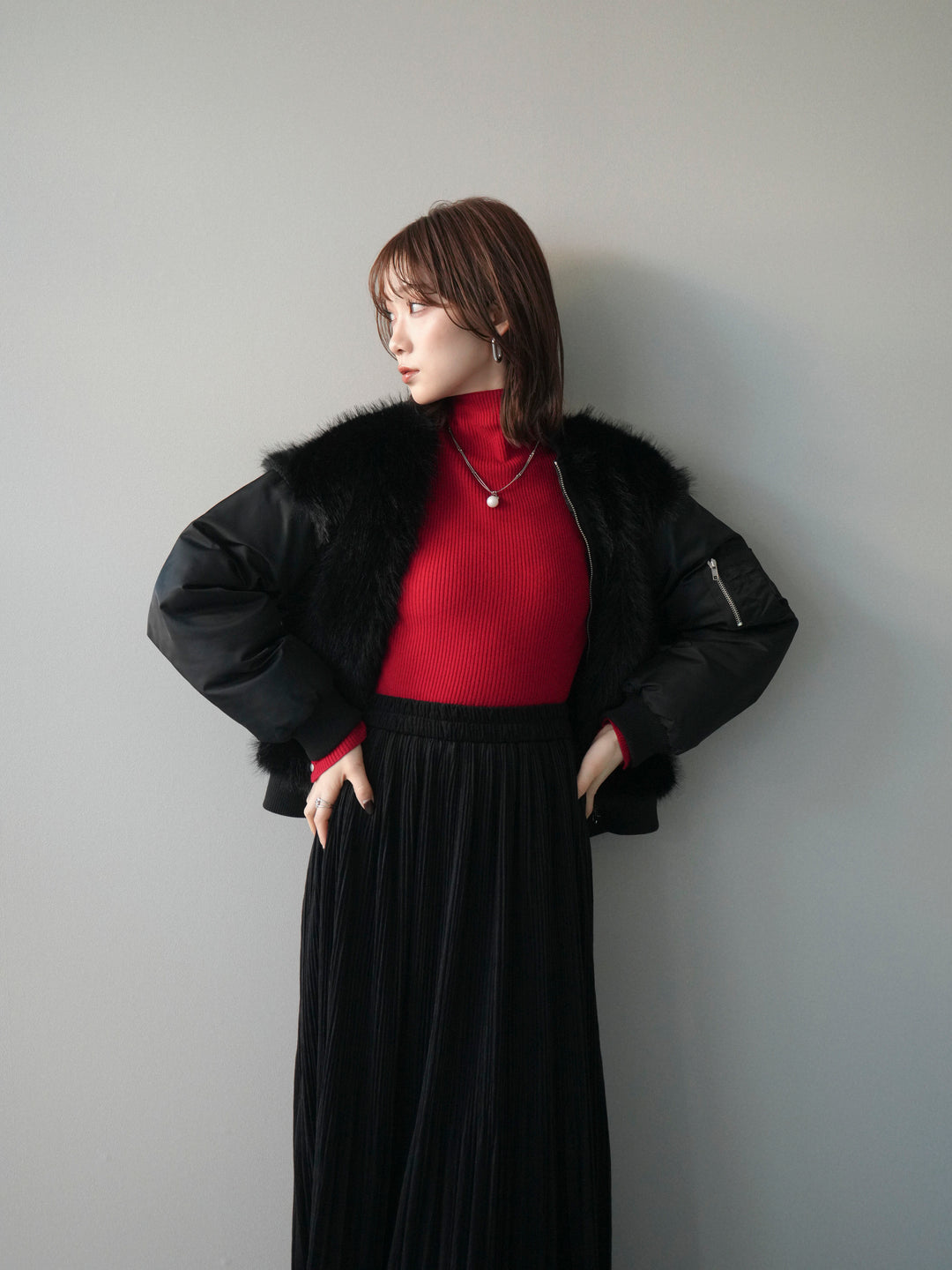 [SET]ファードッキングMA-1+裾レーススウェードプリーツマキシスカート(2set)