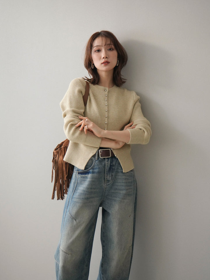 [SET]シルバーボタン畦編みニットカーディガン+ベルト付カーブデニムパンツ(2set)