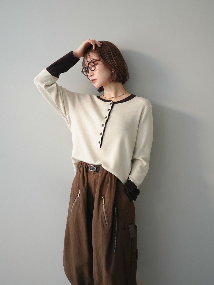 [予約]ヘンリーネック配色ニットソー/beige