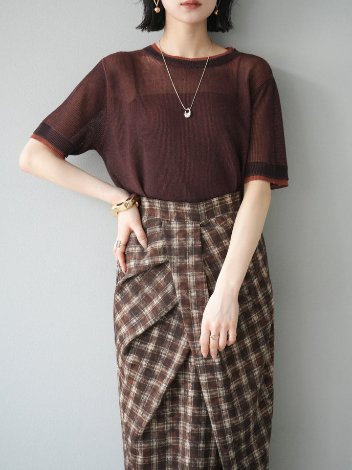 [SET]リネンタッチ配色二重臼ハーフニットトップス+選べるアソート柄スカートセット(2set)