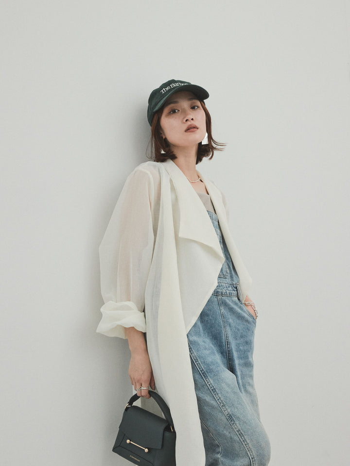 [SET] 中縫牛仔背帶褲 + 透視長版外套（2 件組）