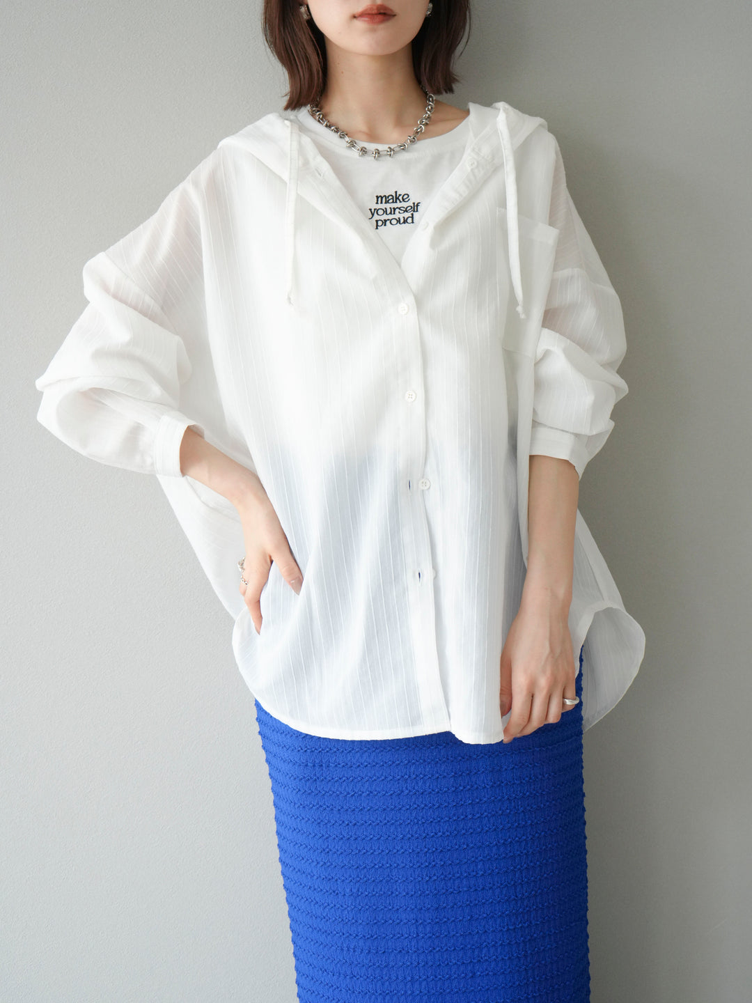 [予約]ワッシャーストライプフーディーシャツ/オフ