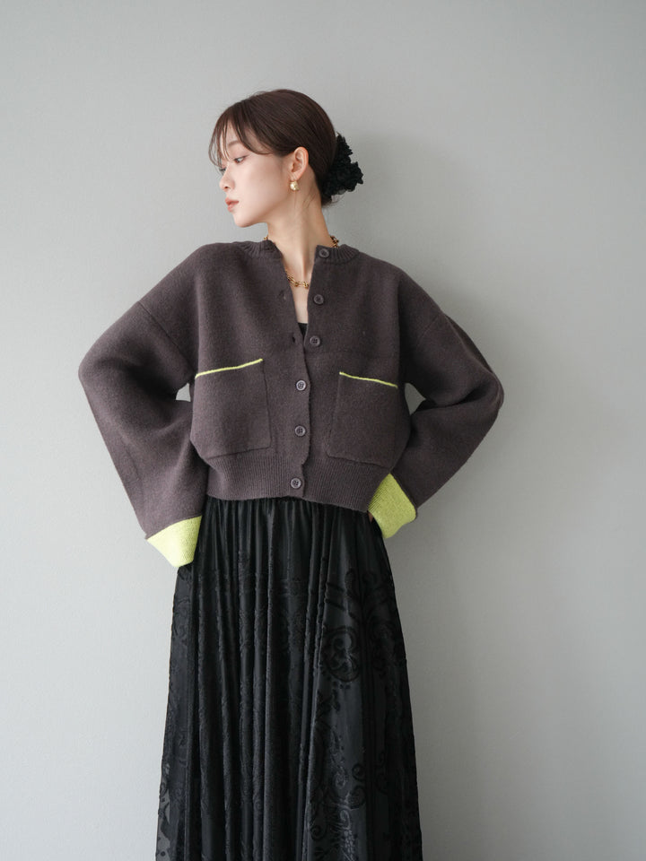 [SET]バイカラーオーバーニットカーディガン+アンティーク柄フロッキーマキシスカート(2set)