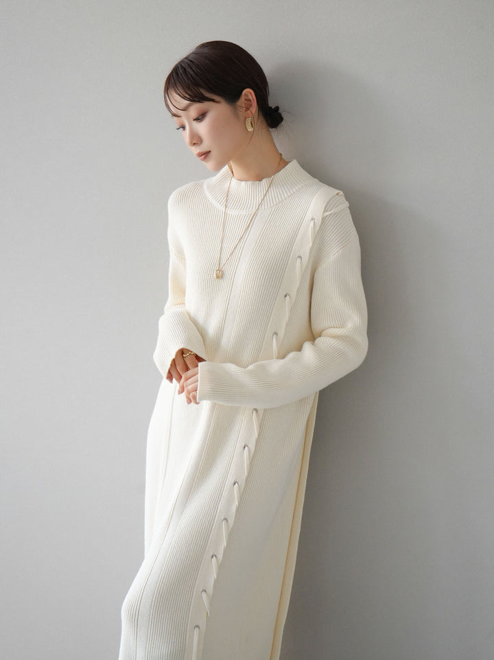 [SET] 不對稱繫帶高領針織連身裙 + 可選飾品套裝 (2套)