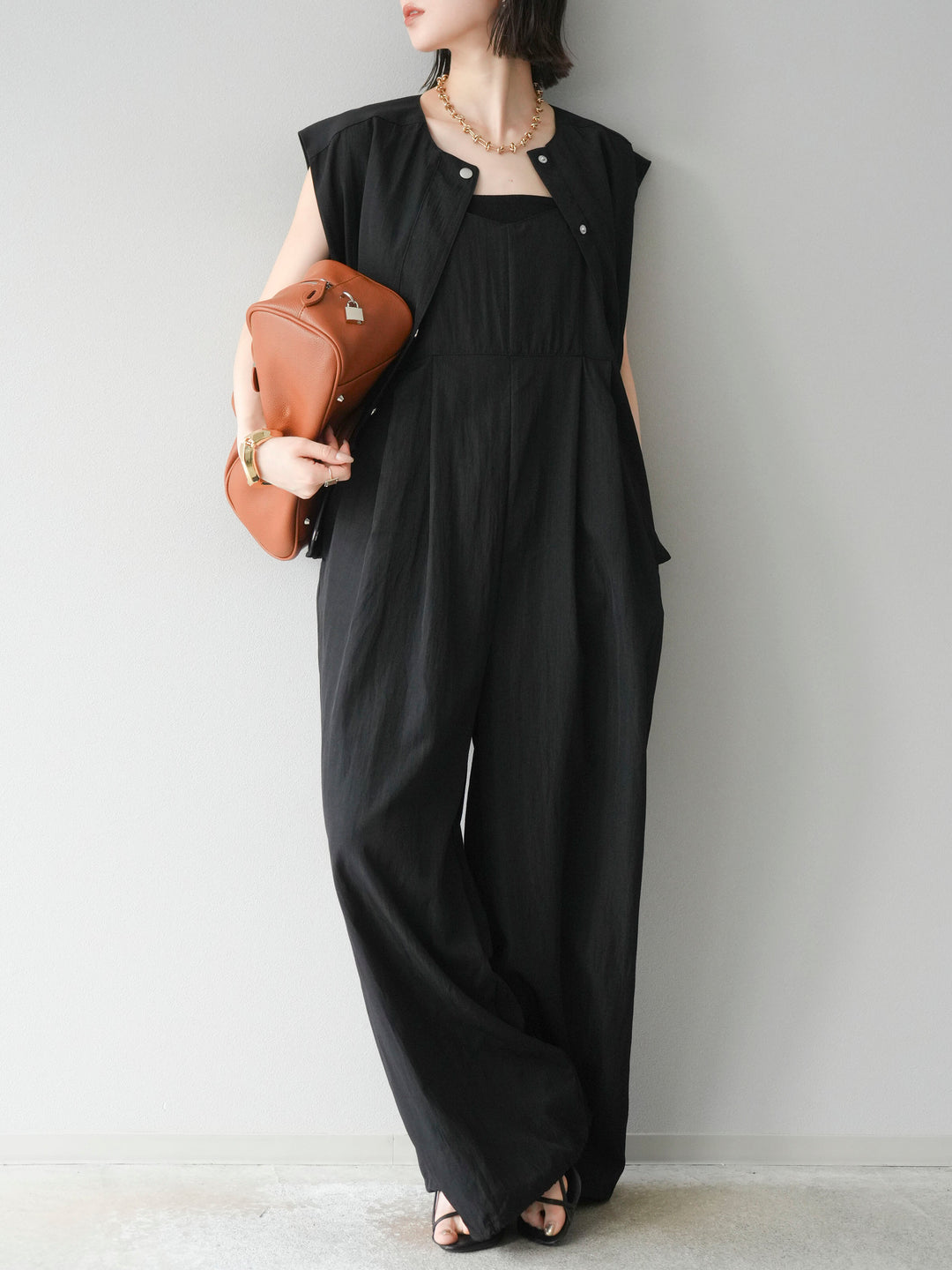 [SET]リネンライクビスチェデザインサロペット+リネンライクドロストバルーンブルゾン(2set)