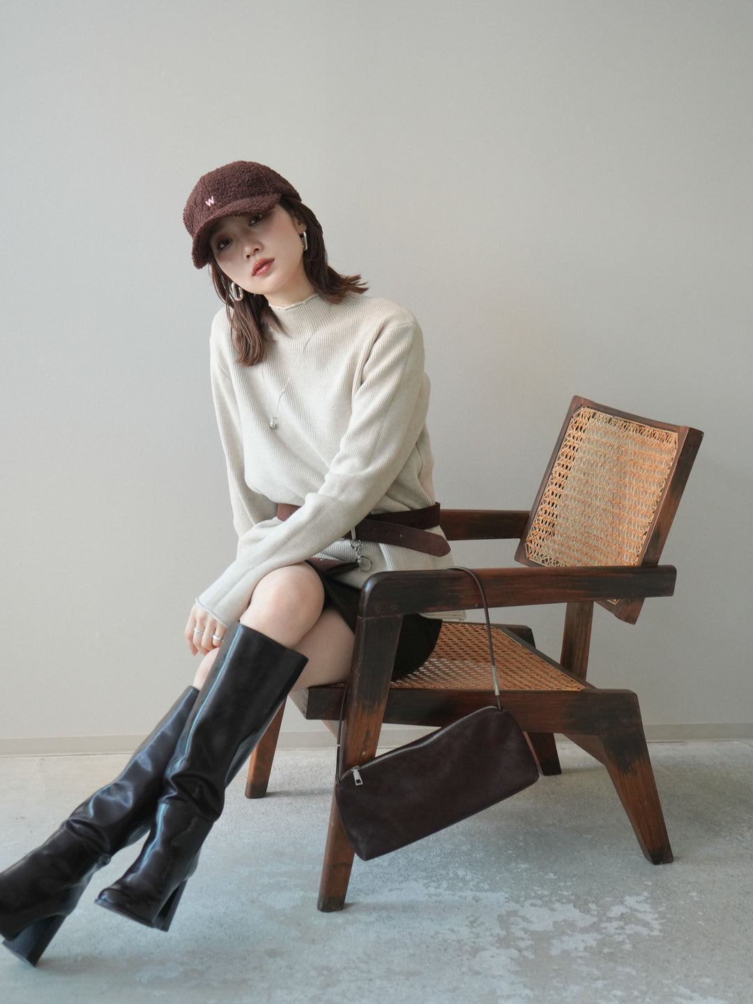 [予約]ボトルネック裾カールリブニットトップス/ivory