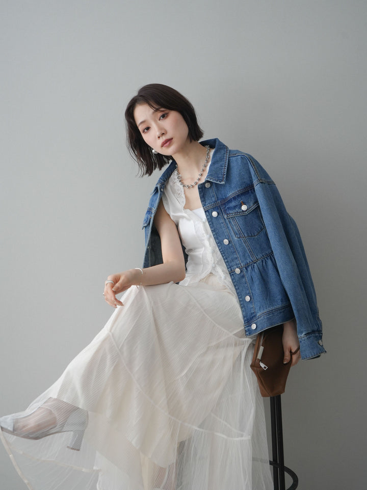 【套裝】荷葉邊牛仔外套+無袖緞面蕾絲吊帶背心+亮片褶皺多層薄紗長裙（三件套）