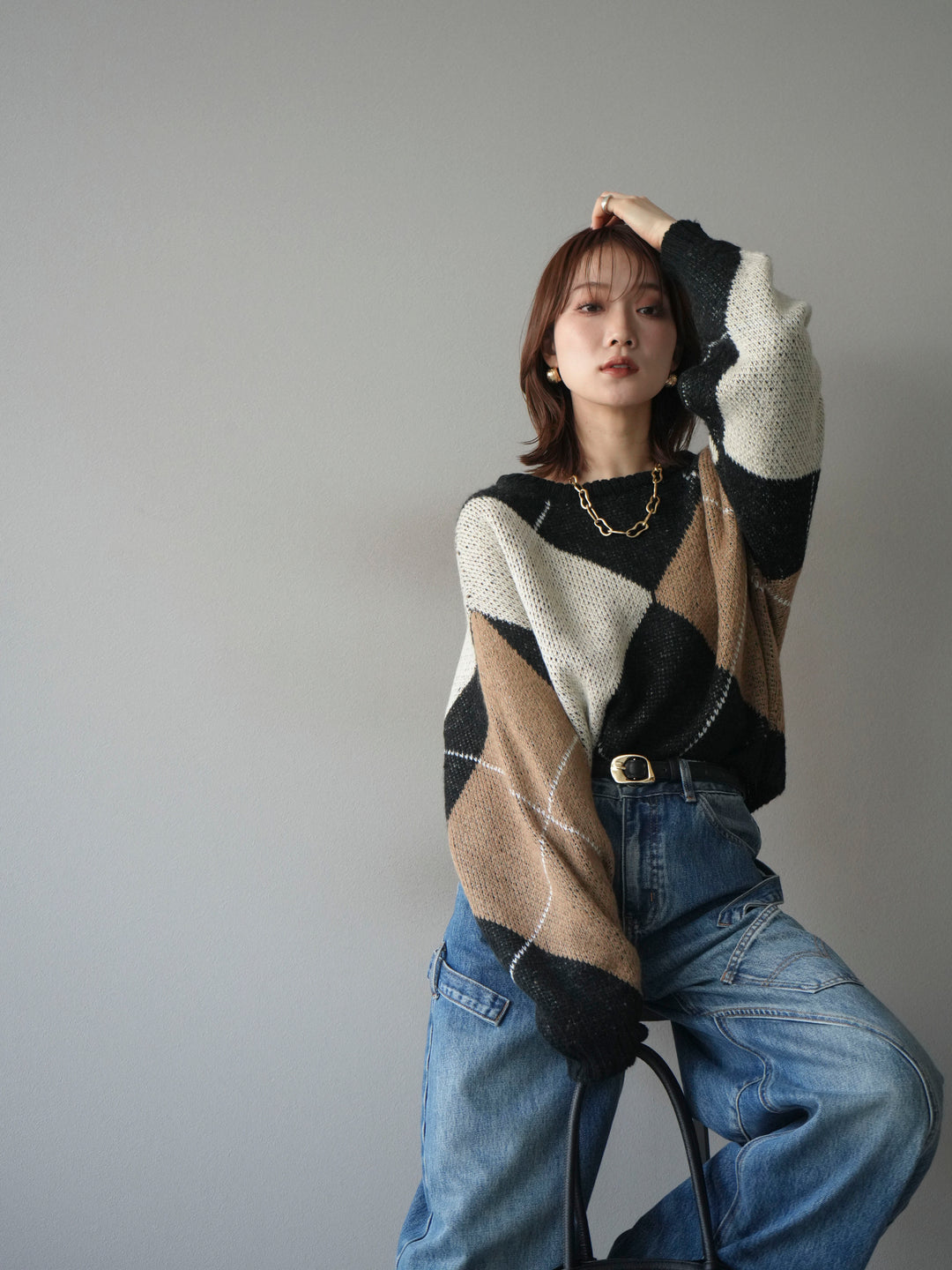 [SET]配色ステッチアーガイル柄ニットプルオーバー+選べるアクセセット(2set)