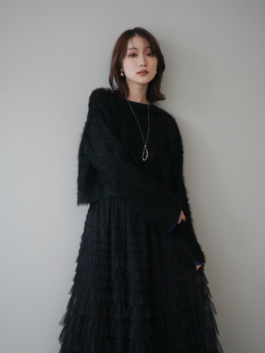 [予約]バイカラー2WAYシャギーニットカーディガン/black