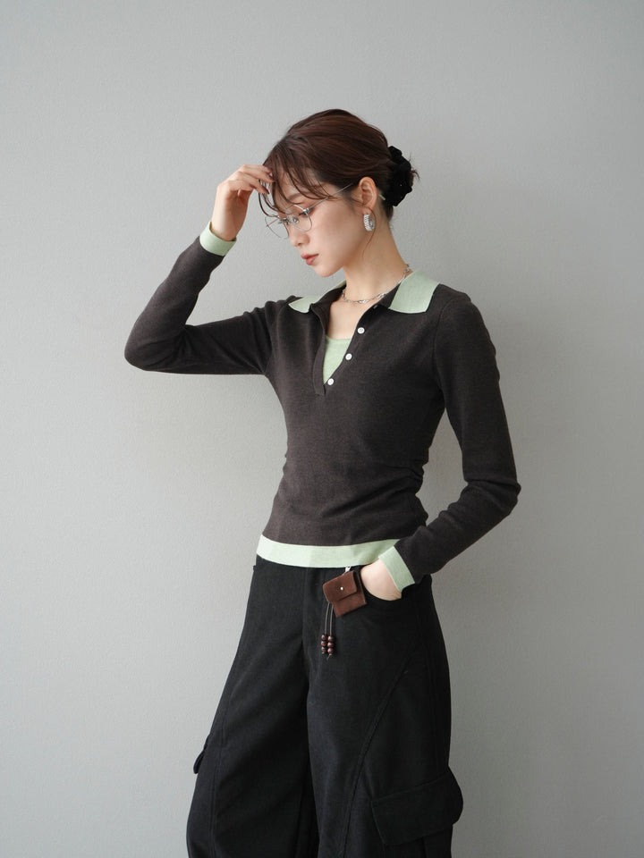 [予約]レイヤード配色ポロニットトップス/darkbrown