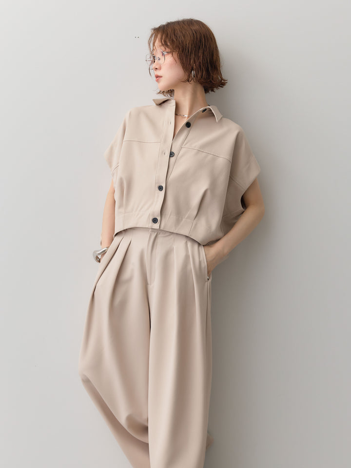 【套裝】縐綢燈籠無袖襯衫 + 縐綢闊腿褲（兩件套）