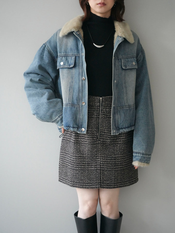[予約]デニム×ファーステンカラーショートジャケット/lightblue