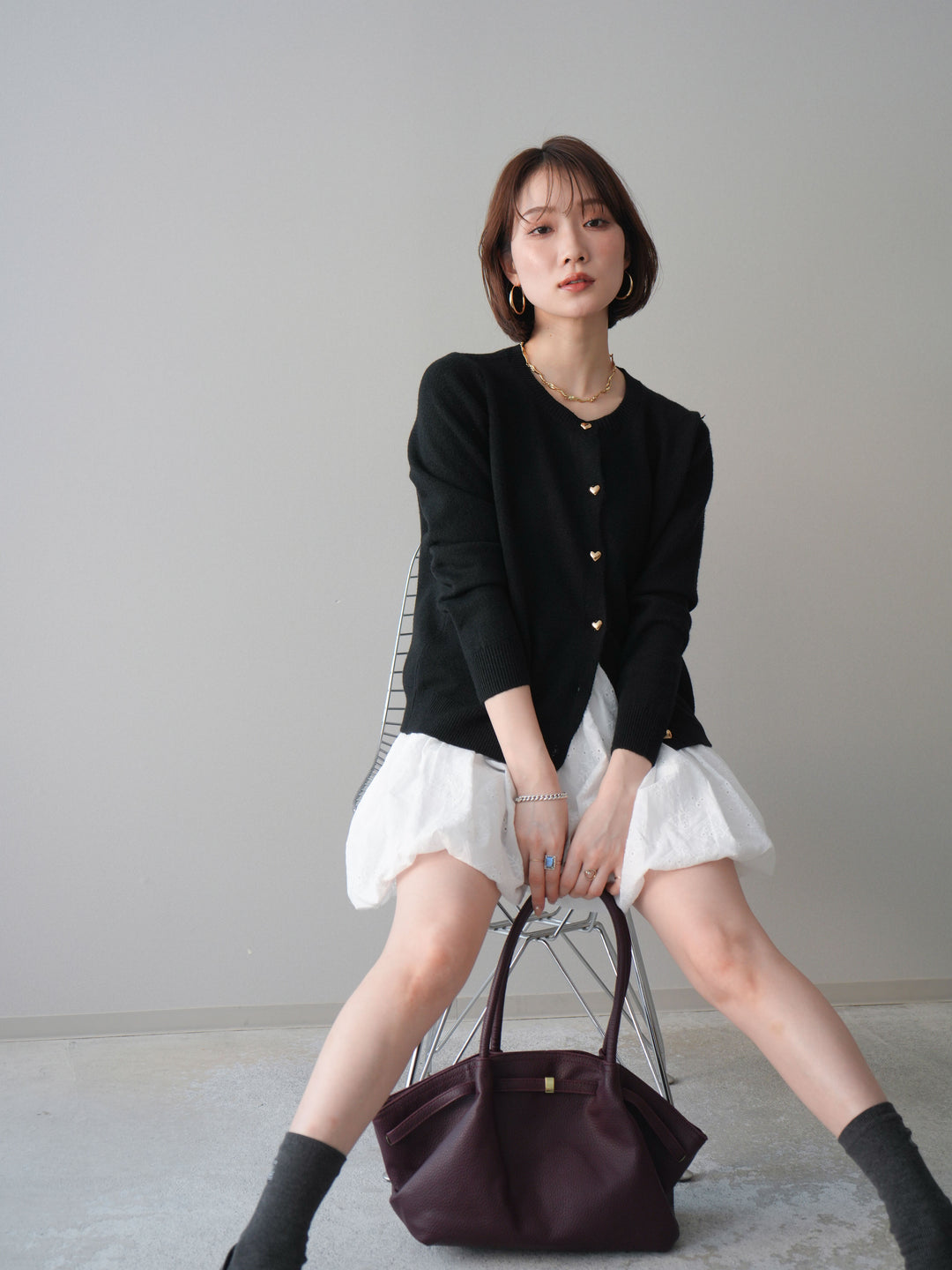 [予約]ハートボタンニットカーディガン/black