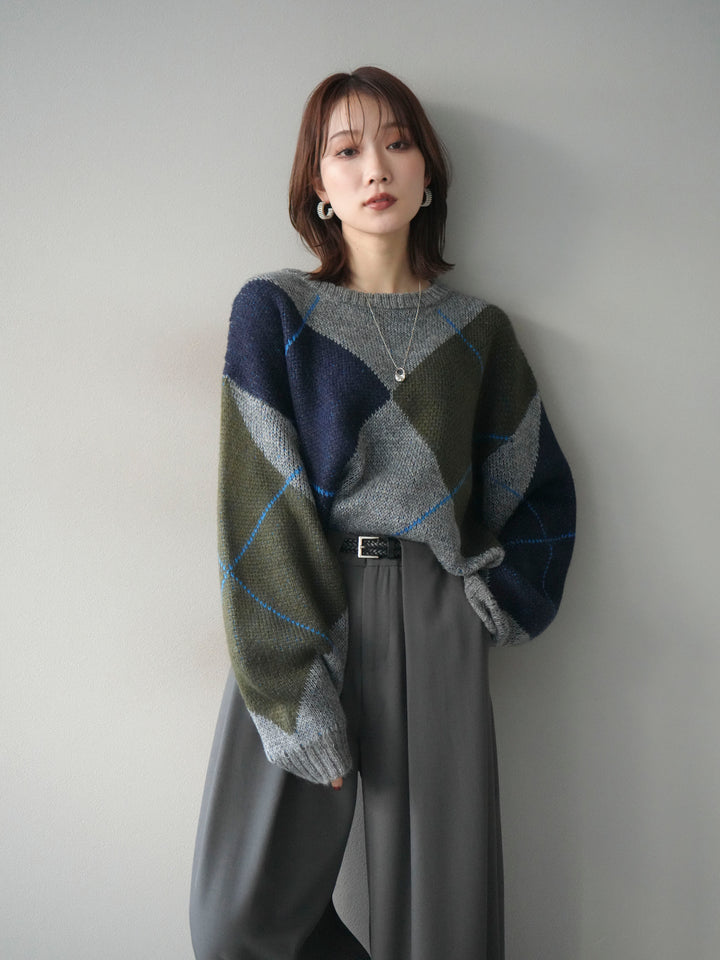 [予約]配色ステッチアーガイル柄ニットプルオーバー/gray