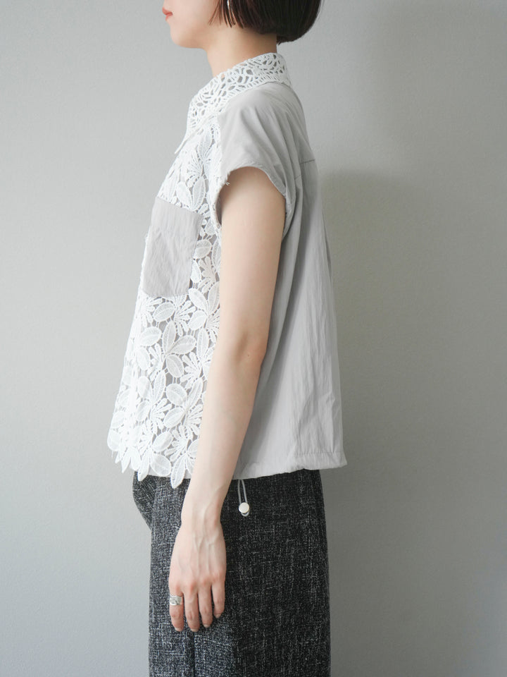 [予約]レースレイヤードドロストシャツ/グレー