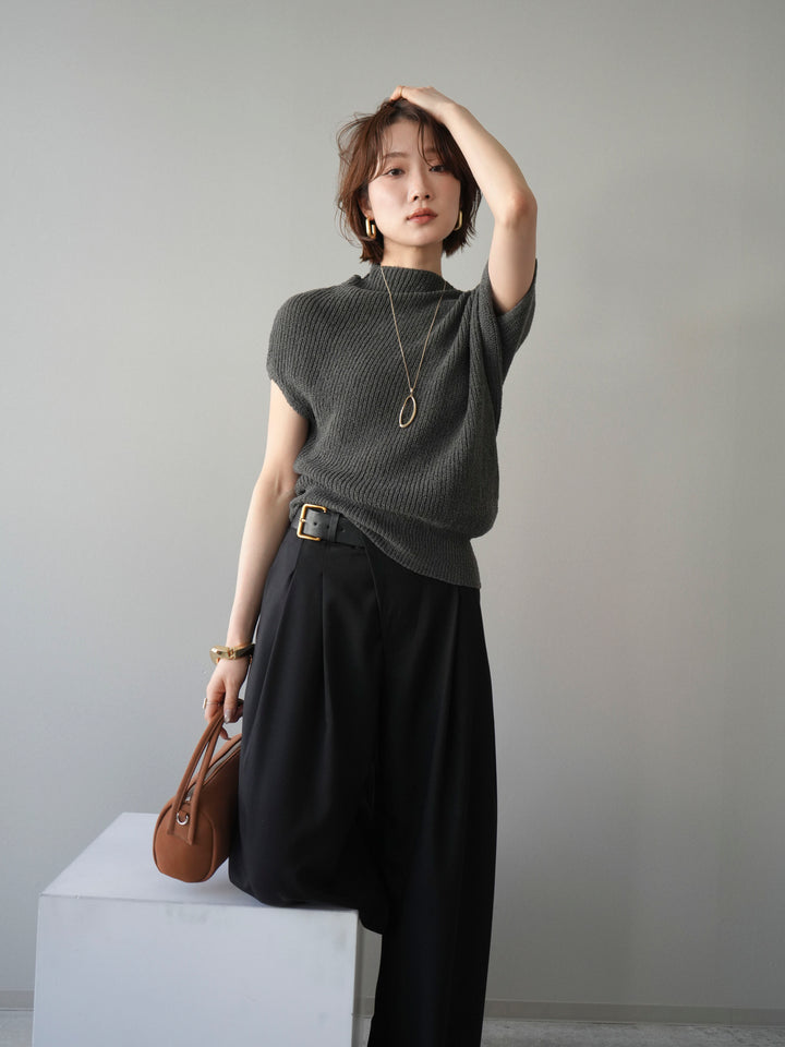 [SET]アシンメトリーローゲージニットトップス+アシンメトリーベルトタックワイドパンツ(2set)