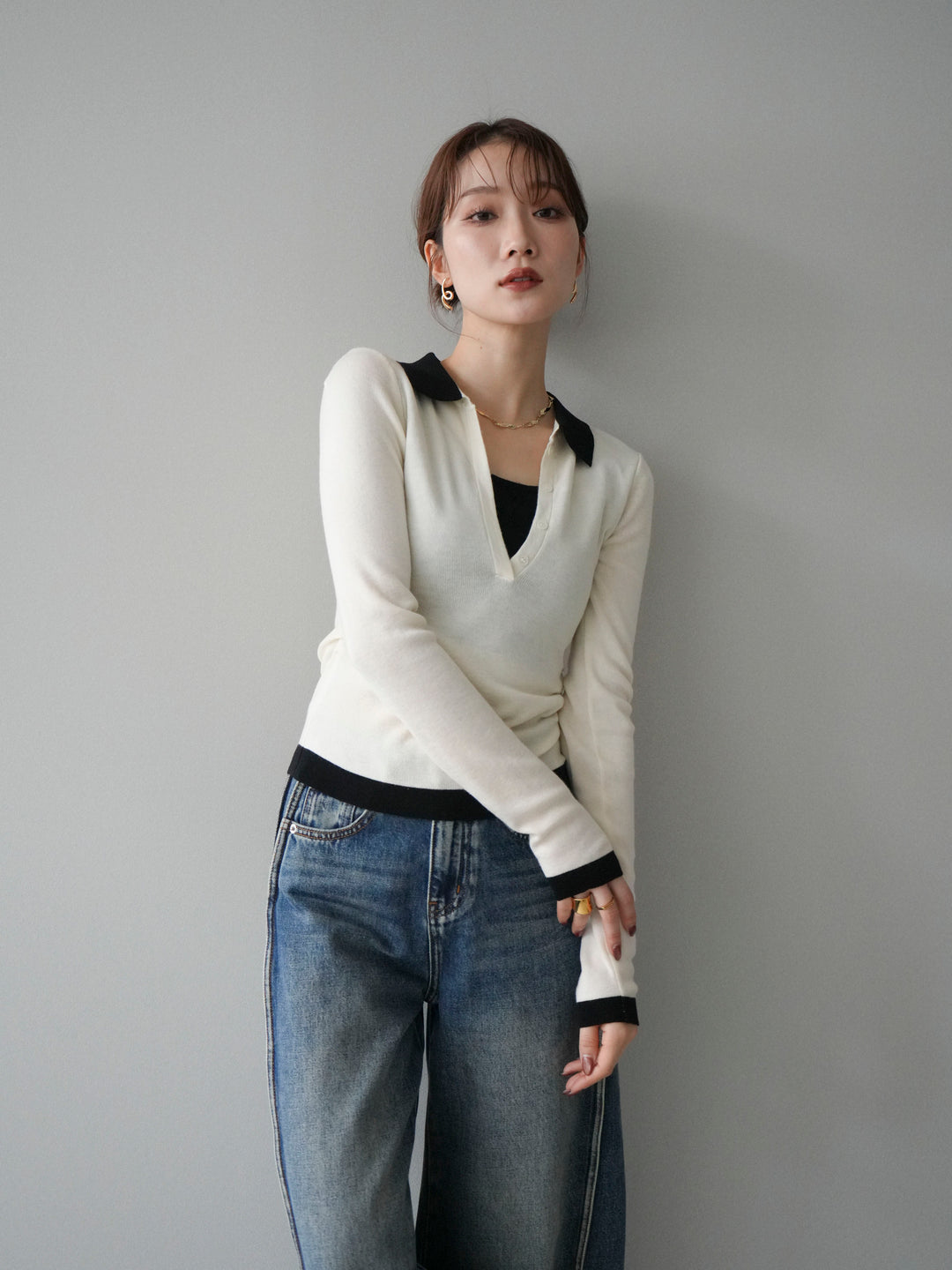 [予約]レイヤード配色ポロニットトップス/beige