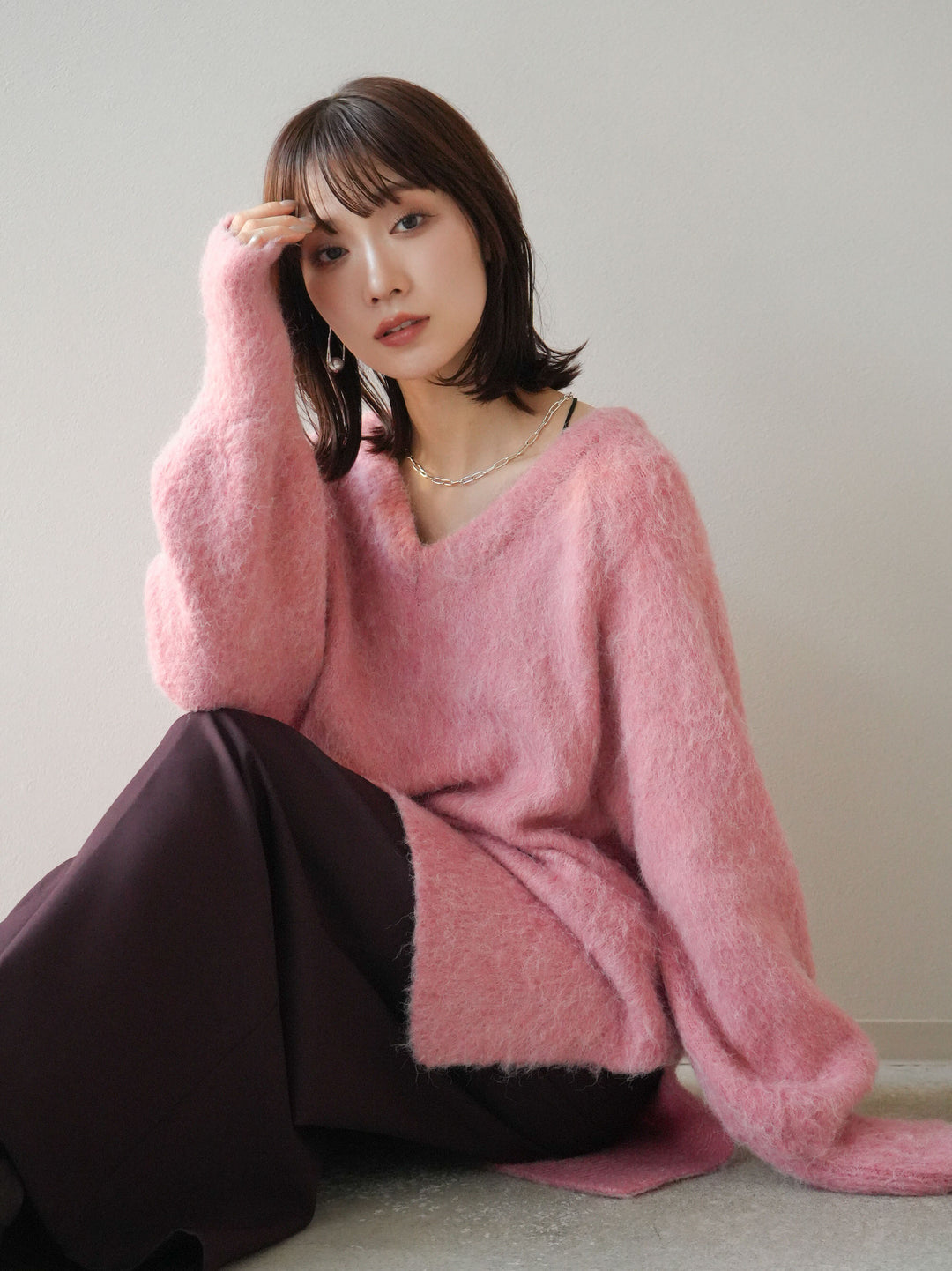 [予約]Vネックオーバーモヘアニットプルオーバー/ピンク