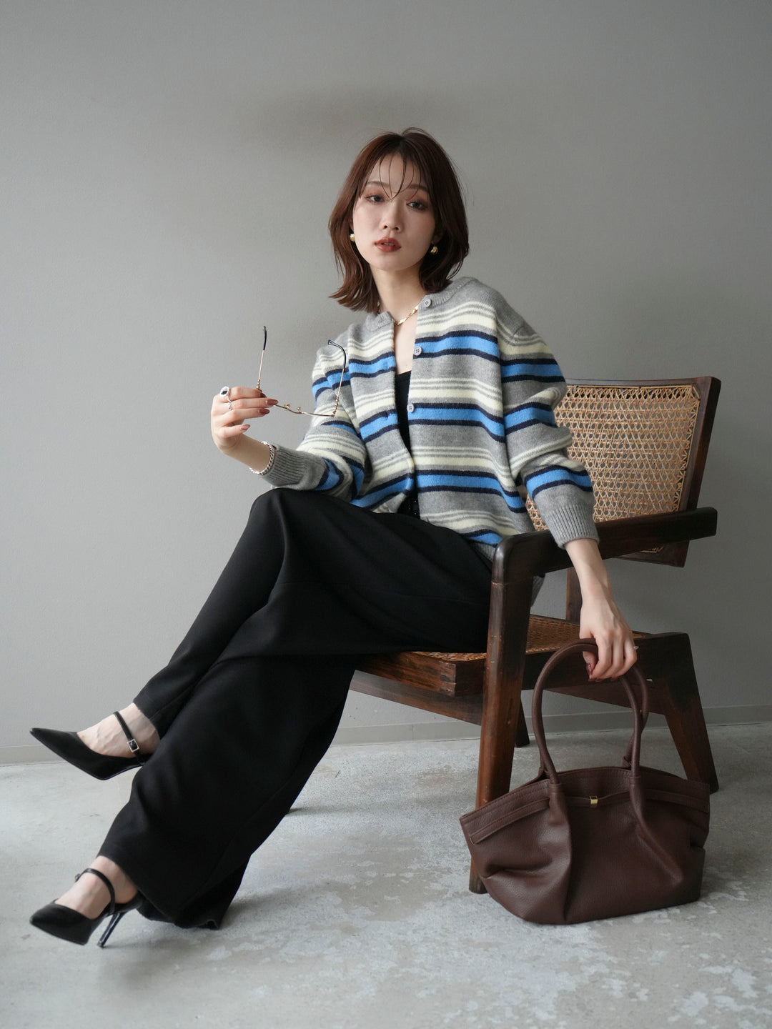 [予約]マルチボーダーニットカーディガン/gray