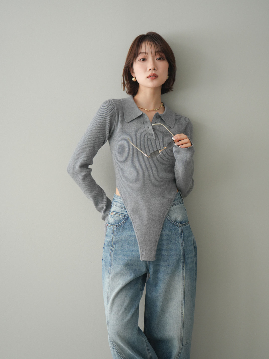 [予約]リブポロニットボディスーツ/mokugray