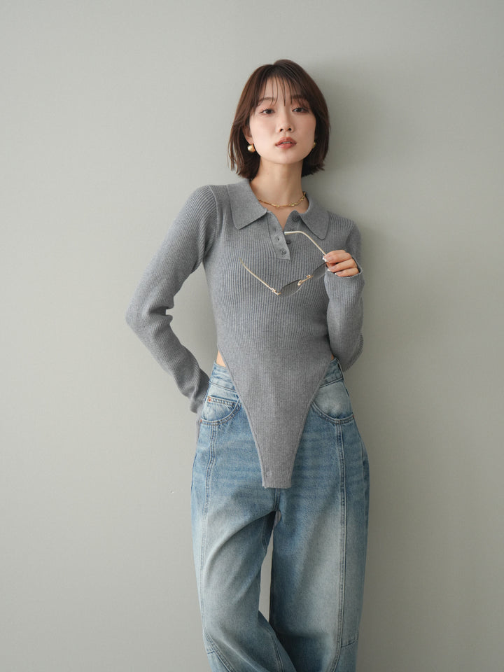 [予約]リブポロニットボディスーツ/mokugray