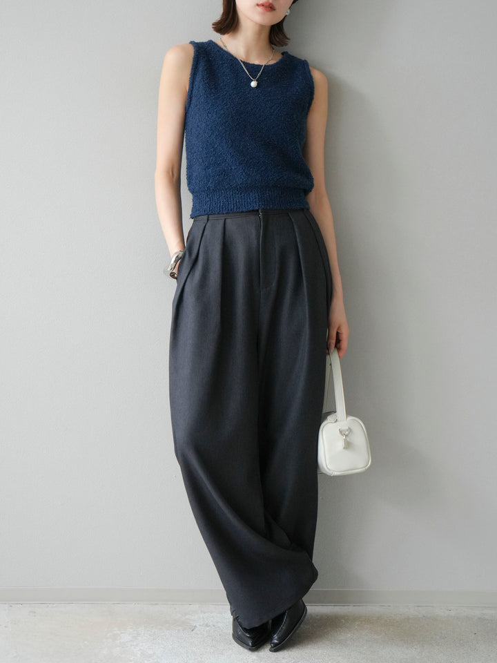 [予約]レザーパイピングタックワイドパンツ/グレー