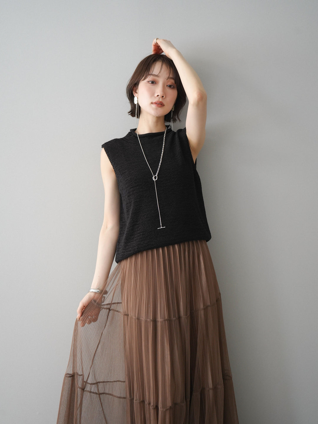 [予約]ノースリーブリネンタッチシアーニットプルオーバー/black