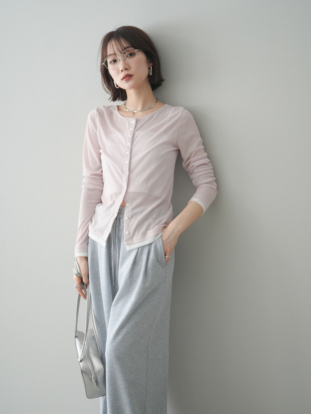 [予約]シアーリブバイカラーカーディガン/pink